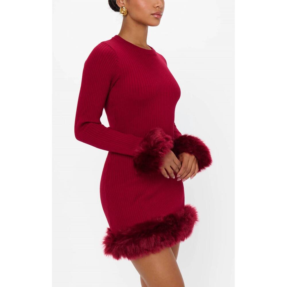 NEW SHOW ME YOUR MUMU fran dress in cranberry rib with faux fur - Picture 4 of 10